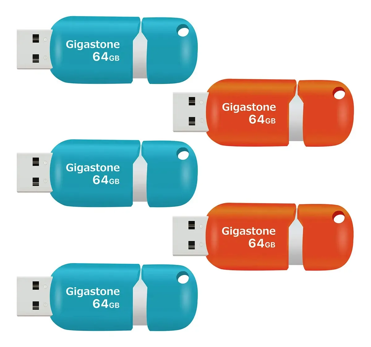 Unidade flash Gigastone V10 de 64 GB, pacote com 5, pen drive USB 2.0, pen drive, design retrátil sem tampa (azul e laranja)