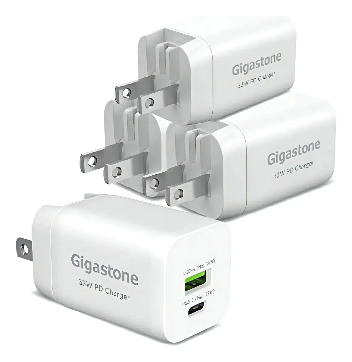 Carregador de Parede USB-C de 33 W, Carregador USB-C Gigastone, Pacote com 4, Carregador de Parede Compacto Dobrável com 2 Portas, Carregamento Rápido PD3.0/QC3.0, Duas Portas USB-A + USB-C,...