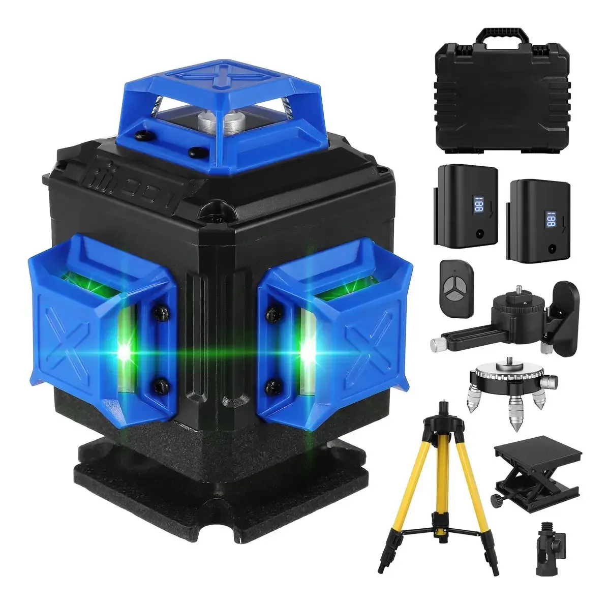 Nível de laser autonivelante com tripé, nivelador a laser 4D de 16 linhas, fio cruzado verde de 360°, nível automático com controle remoto, suporte e caixa de ferramentas. (azul)