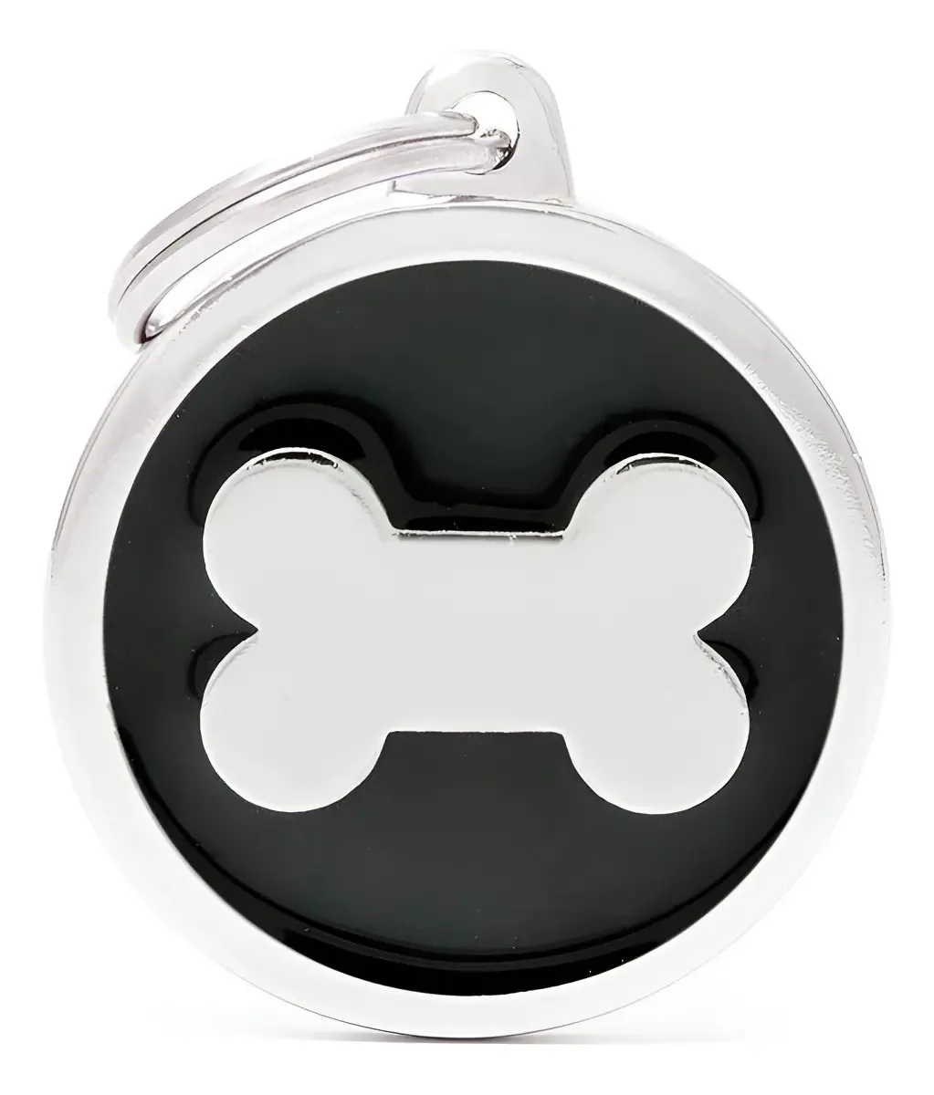 Placa Id Circulo Preto Osso Prata G