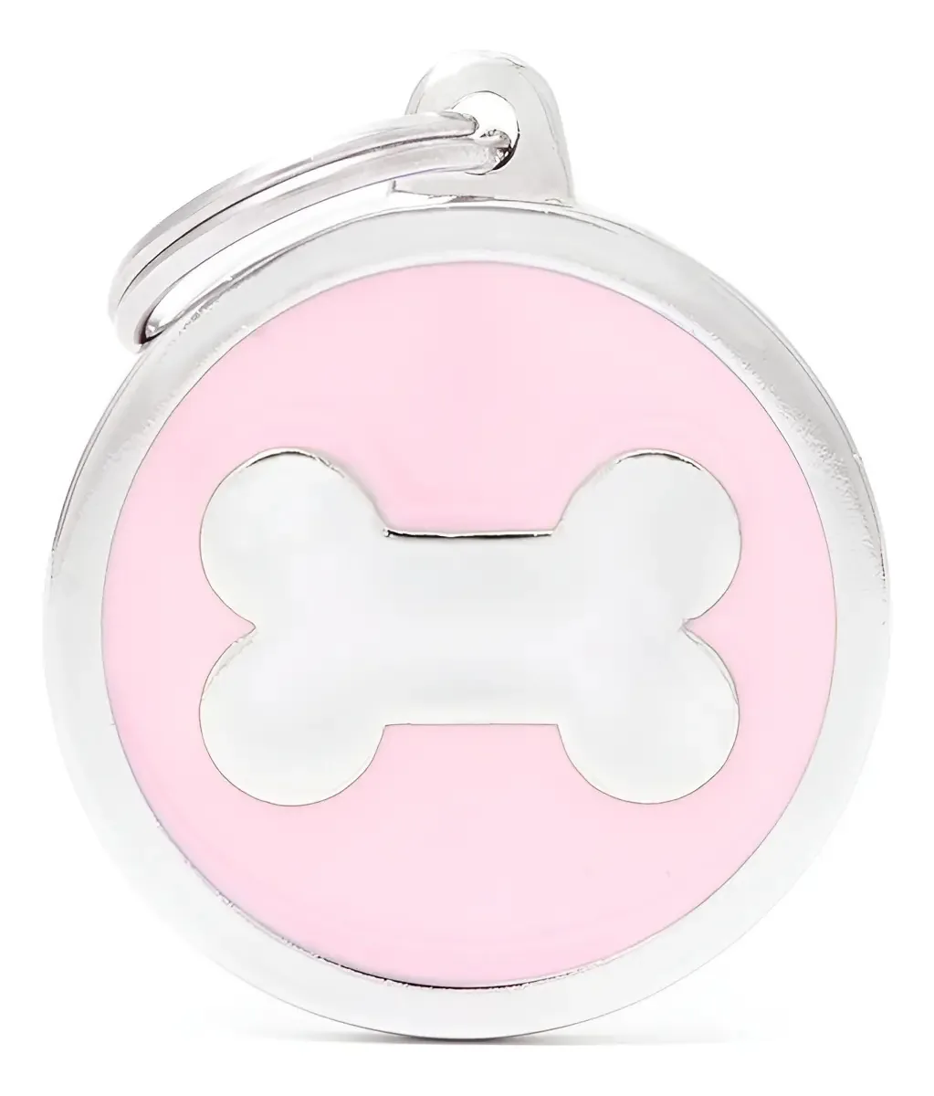 Crachá de identificação de animal de estimação Circle G Bone, cor gravada, osso rosa, fundo circular grande