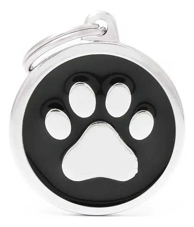 Placa Id Circular Patinha Grande Preto Com Prata Para Cães My Family
