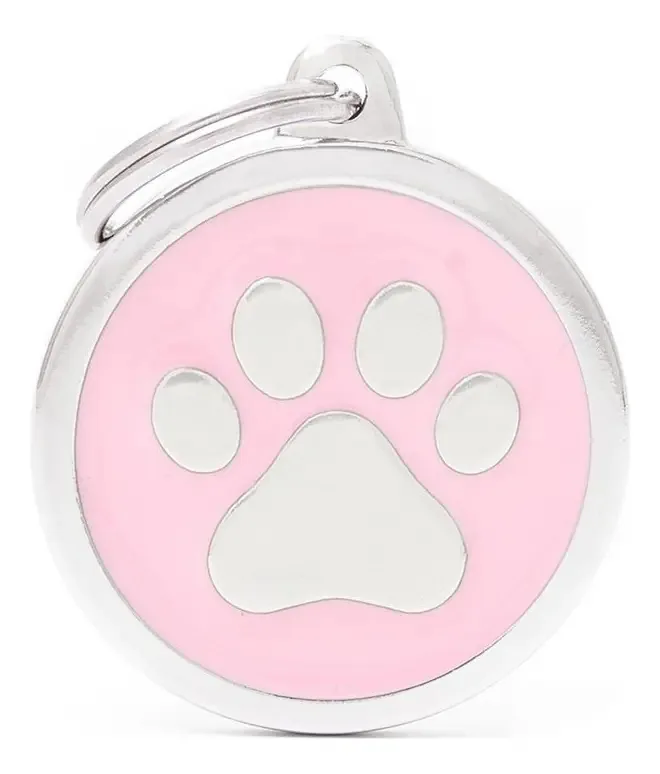 Crachá de identificação de animais de estimação com impressão digital Circle Gde, cor gravada, fundo rosa, impressão circular grande