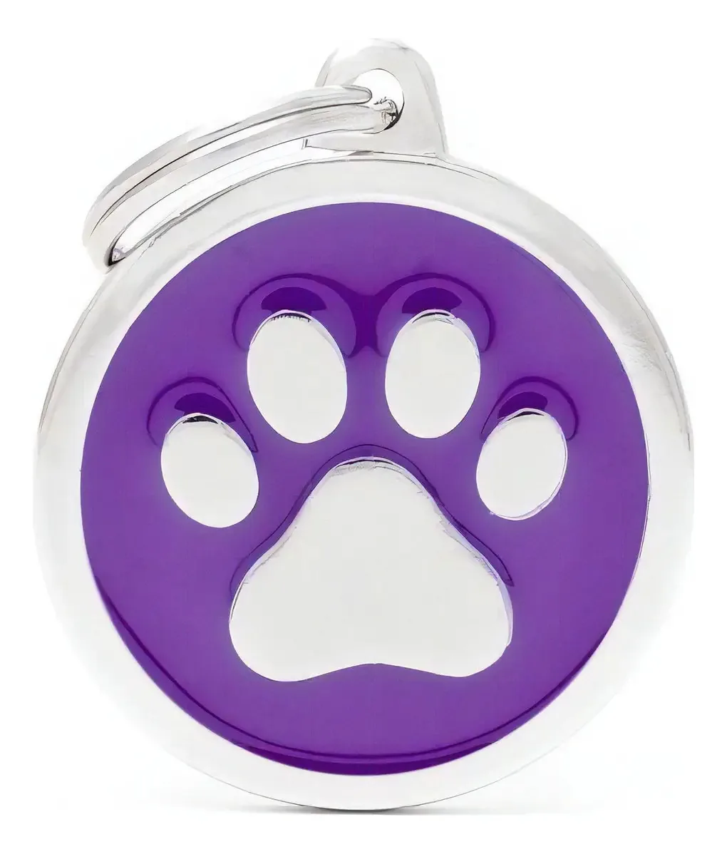 Crachá de identificação de animais de estimação com impressão digital Circle Gde, cor gravada, fundo roxo, impressão circular grande