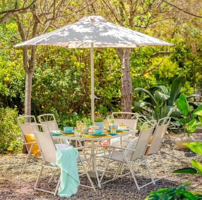 Conjunto de mesa de jardim ao ar livre + 6 cadeiras e guarda-chuva - Mweb - Taupe