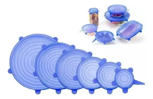 6 tampas de silicone ajustáveis reutilizáveis, redondas, elásticas, cor azul