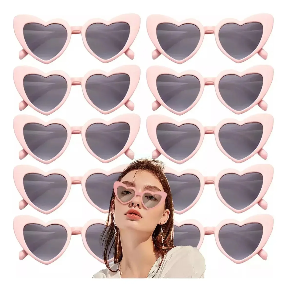 10 peças de óculos de sol de coração, acessórios de moda, lentes rosa para meninas e mulheres