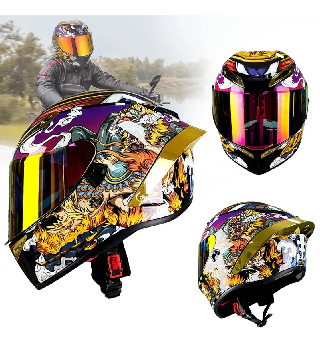Capacetes de moto Autodiag®, capacete para moto certificado integral, Kirin, capacete certificado, lentes banhadas em ouro com vários orifícios de ventilação