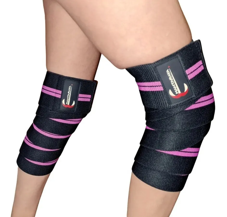 Bandagens elásticas de joelho, envoltórios de joelho, cor de levantamento de peso, preto com rosa