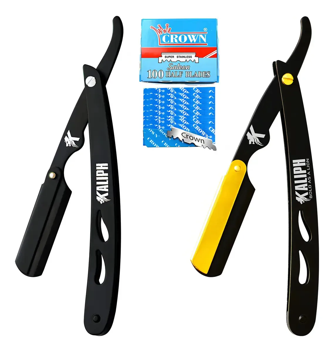 Lâmina de barbear profissional Kaliph para homens. Cor Preto/Dourado