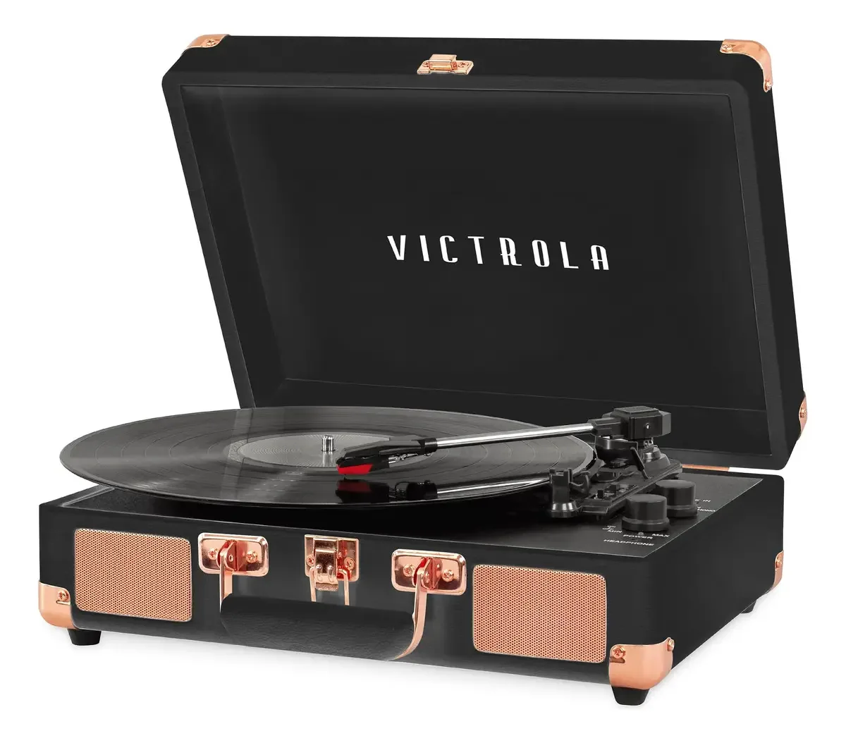 Toca-discos de mala portátil estilo Victrola, 3 velocidades. Cor: preto, rosa, ouro