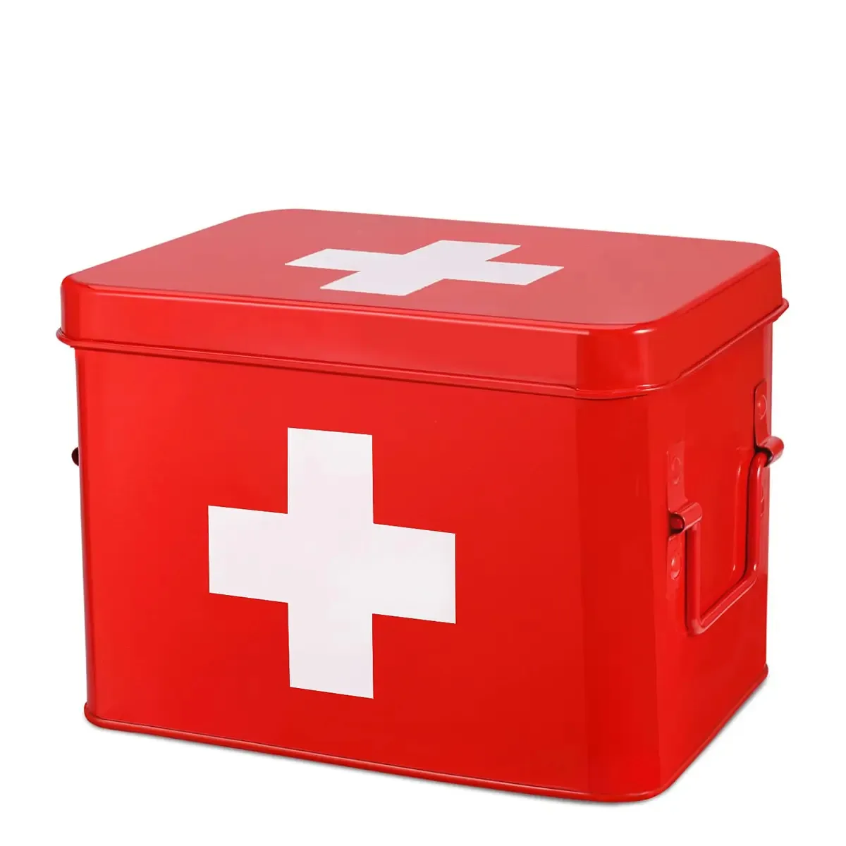 Flexzion - Kit Organizador de Suprimentos para Caixas de Medicamentos de Primeiros Socorros, Caixa Dura de Metal Vermelho de 8,5 Polegadas, com Bandeja Removível, Cruz Branca, Caixas Vazias Antigas