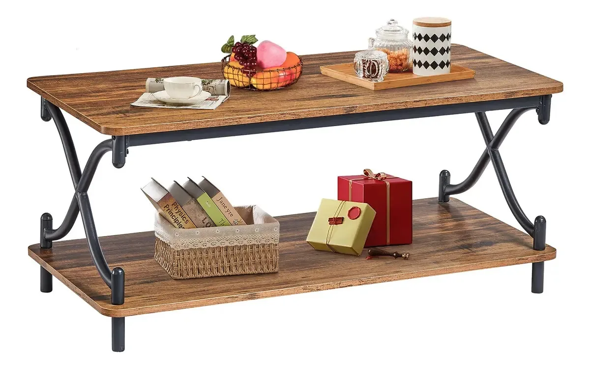 Mesa de café Vecelo com armazenamento e prateleiras abertas. Cor: Marrom