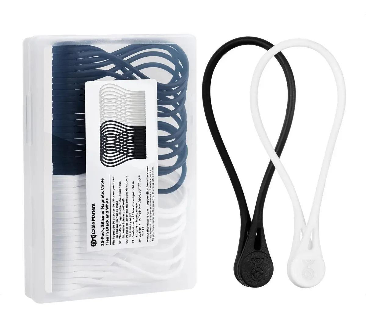 Pacote de 20 abraçadeiras magnéticas de silicone em preto e branco
