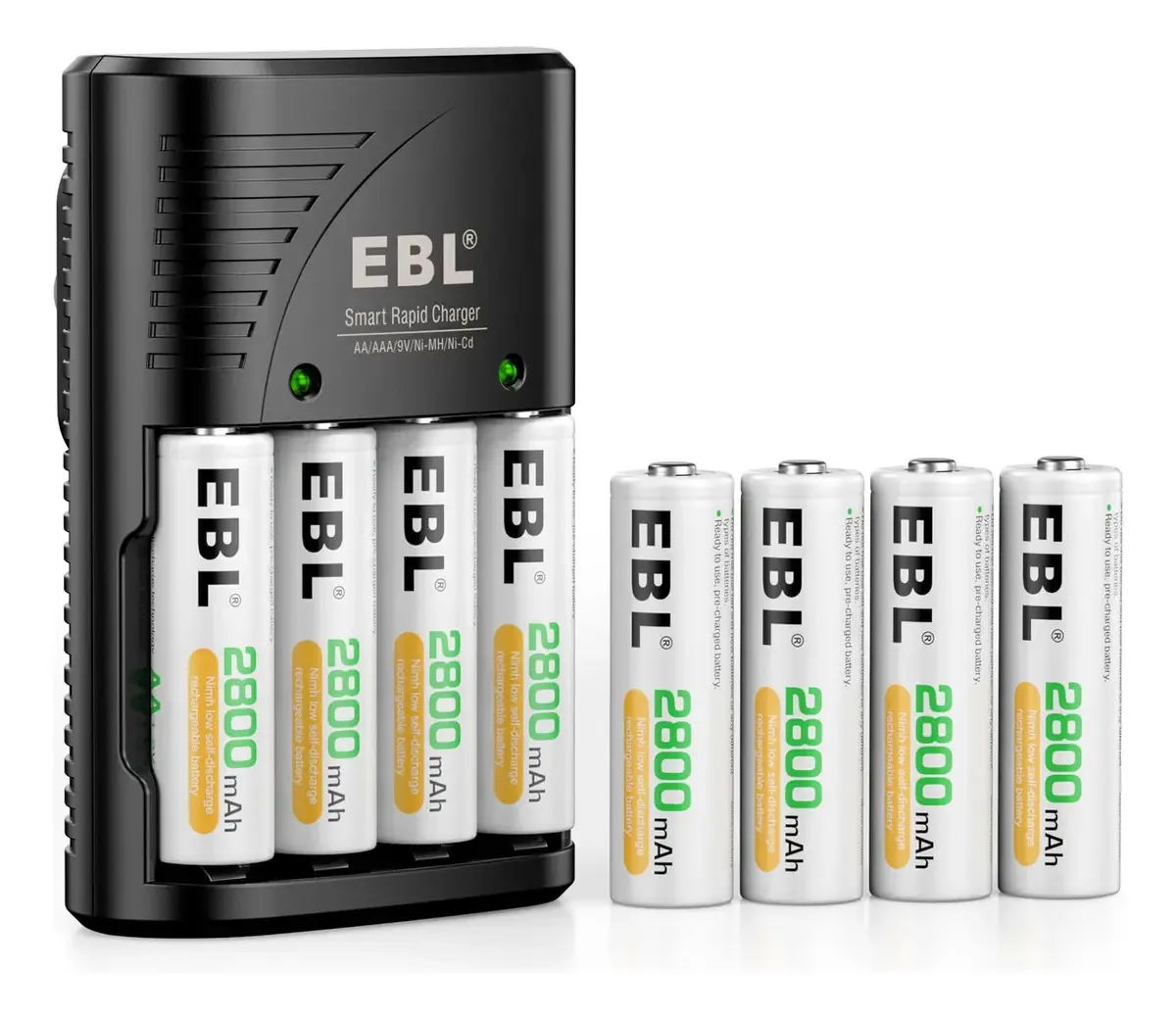 Baterias Aa recarregáveis Ebl com carregador, pacote de 8 baterias duplas A pré-carregadas de 2800 mAh e carregador de bateria para baterias Aaa Aaa de 9 V