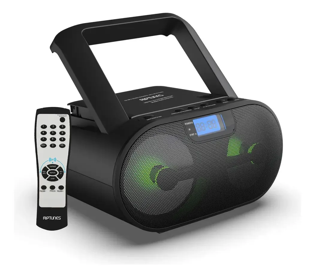 Riptunes Reprodutor De Cd De Carga Superior Boombox Portátil Am/fm Rádio Bluetooth Boombox Mp3/cd, Usb, Msd, Auxiliar, Conector De Fones De Ouvido, Sistema De Som Estéreo De Graves Melhorados, Luzes
