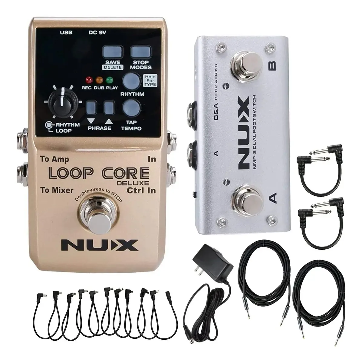 Pacote de pedais Nux Loop Core Deluxe com 2 cabos de conexão, 2