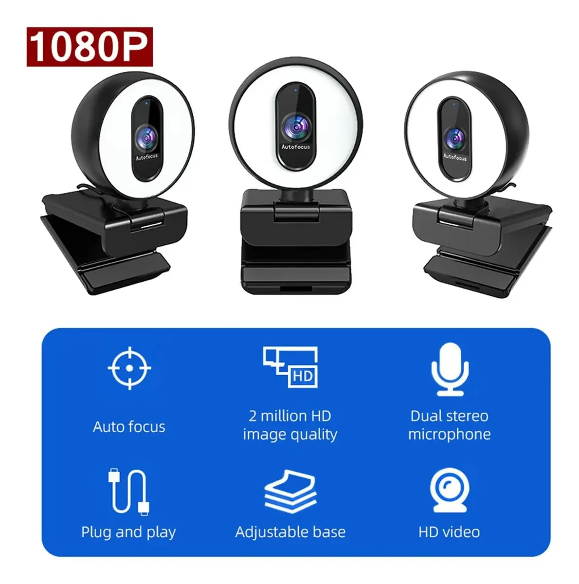 Webcam, webcam, 1080p, 60 Fps, foco automático, câmera para PC com microfone, luz anular, capa de webcam, laptop, webcam OBS, streaming de vídeo de jogos