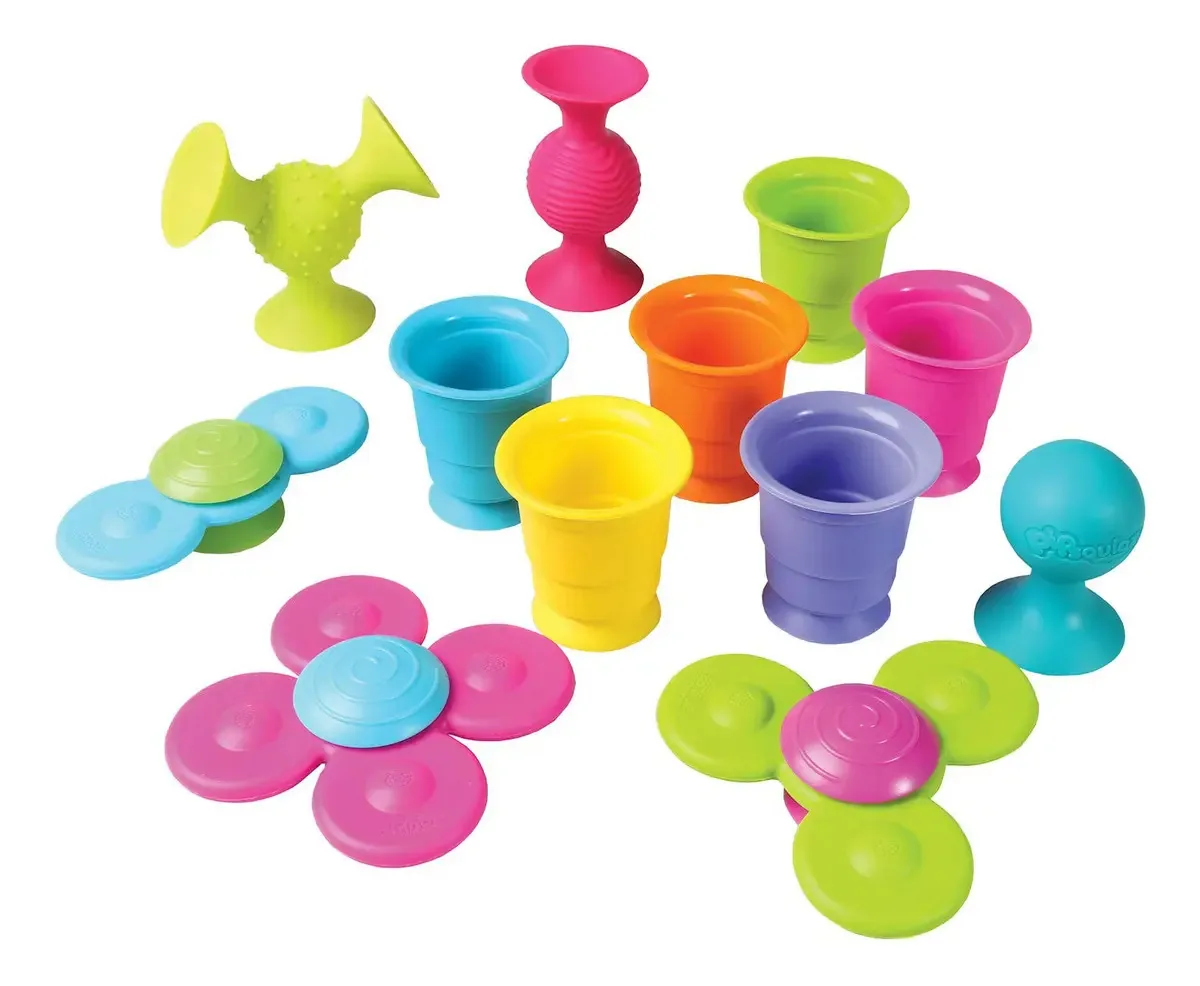 Conjunto de brinquedos Pipsquigz Whirly-squigz Suction-Kupz Fat Brain, 12 peças de brinquedos para crianças pequenas, 6 brinquedos empilháveis com sucção Kupz, 3 Pipsquigz e 3 giradores Whirly...