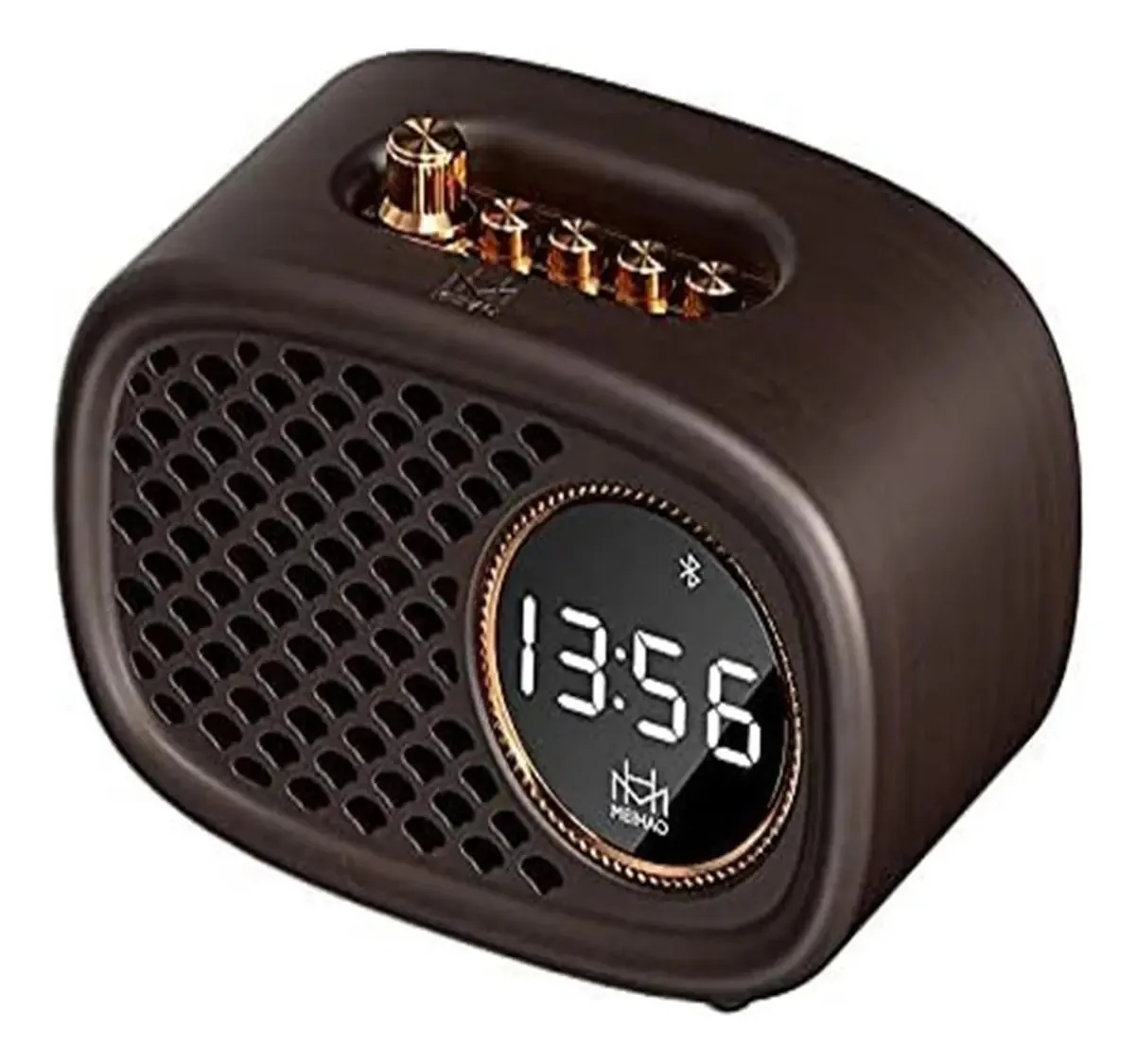 Rádio-relógio retrô de madeira com alto-falante de madeira, produzindo madeiras sólidas em casa, mini rádio FM ao ar livre, despertador, alto-falante, relógio digital, nogueira (cor: nogueira)