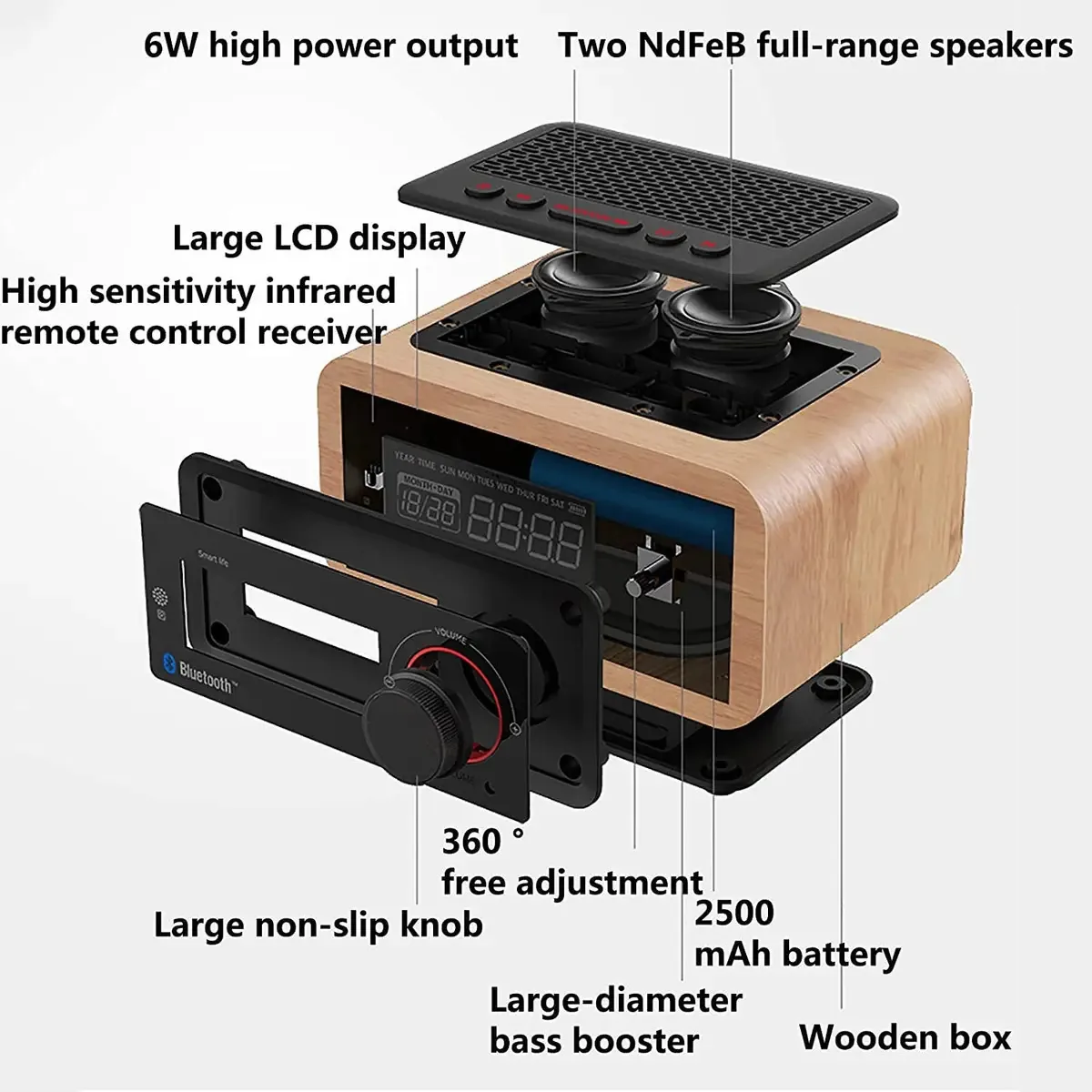 Rádio Relógio de Madeira com Alto-falante Bluetooth Sem Fio, Tela Grande LED HD Função de Chamada Snooze U Disk Play Rádio FM Regulável com Controle Remoto, Verde (cor: Marrom)
