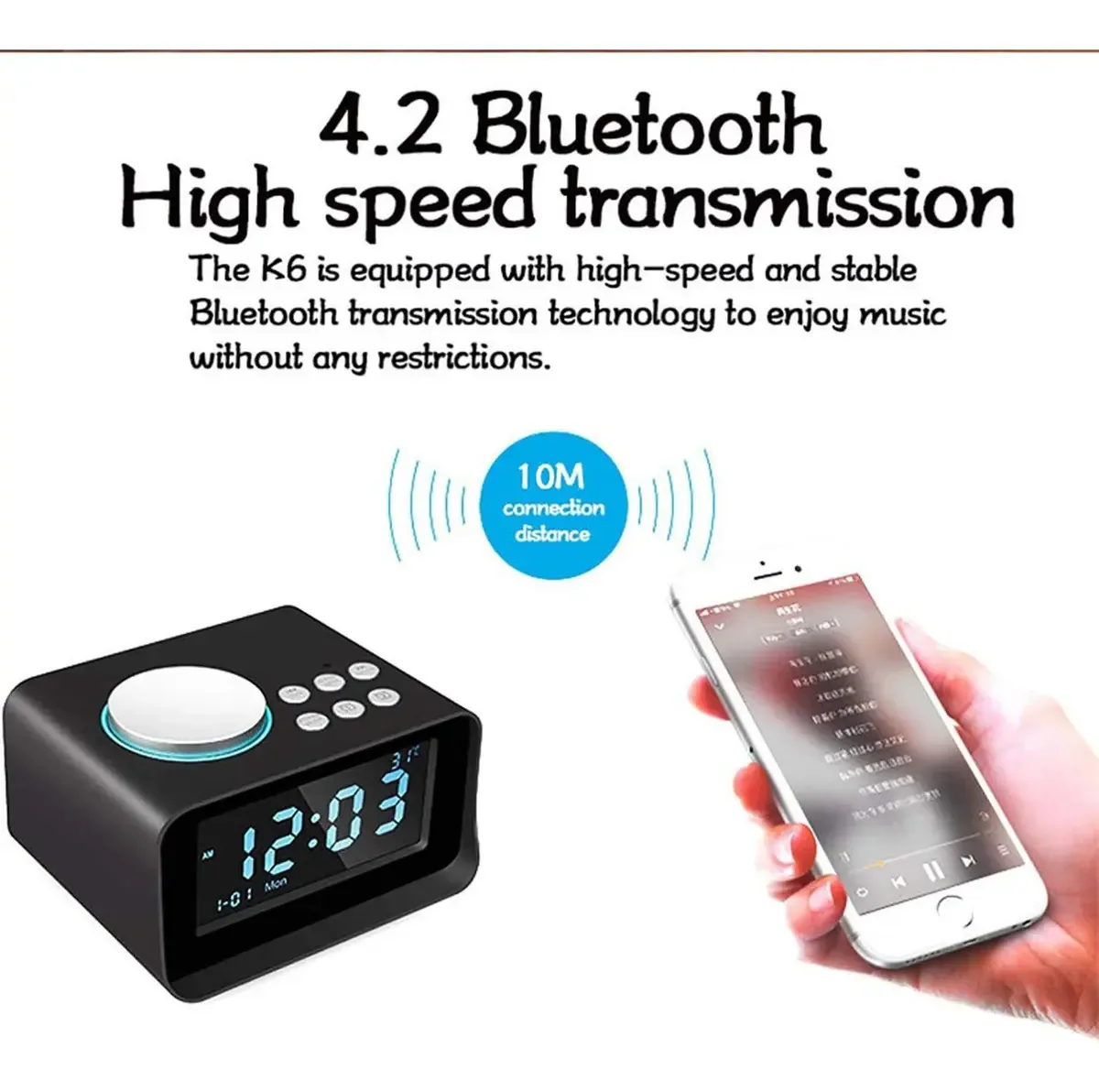 Relógio de rádio, alarmes duplos, termômetro digital de rádio interno FM, tela LCD ajustável, alarme de alto-falante portátil sem fio Bluetooth, volume de alarme ajustável, carregador de telefone,...