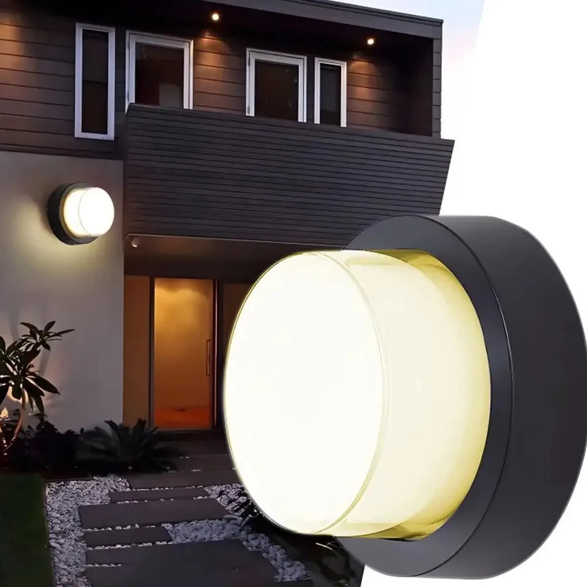 Lâmpada de parede externa 3000k Warm Light, parede externa circular preta Ip65 impermeável, luminárias de parede modernas para jardim e sala de estar