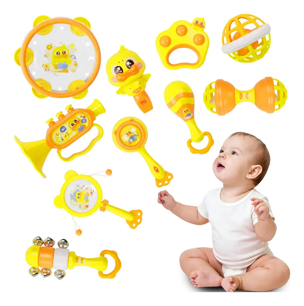 Brinquedos de estimulação precoce Punimo, 10 peças com som, fofos, em forma de pato amarelo, chocalhos divertidos, tamanho ideal para dentição, mãos, brinquedos infantis, chocalhos