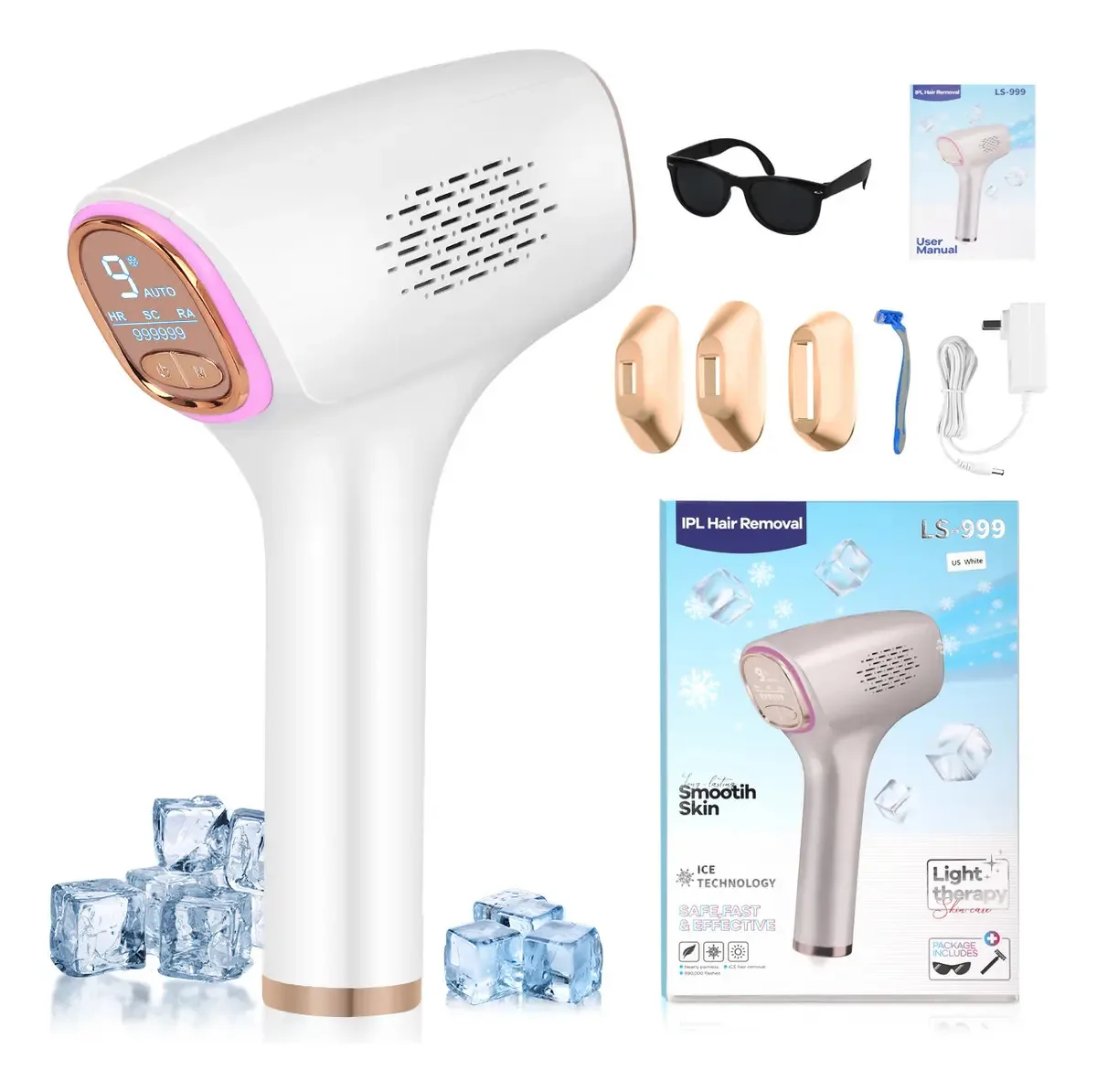 Depiladora a laser IPL permanente indolor para corpo e rosto 999.999 flashes 5 níveis de depilação doméstica permanente eficaz para corpo, rosto e biquíni Luz pulsada indolor