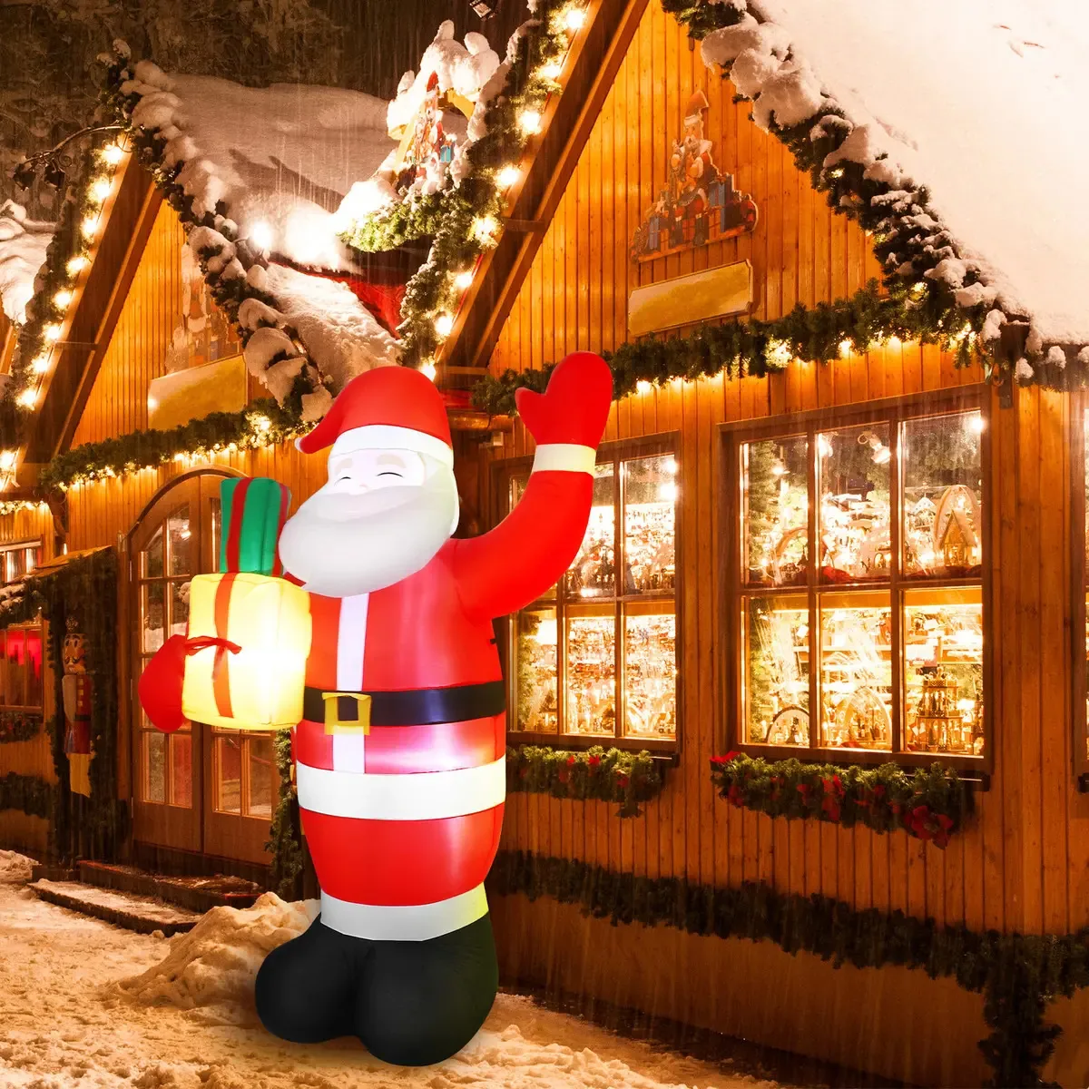 Infláveis de Natal ao ar livre de 2,4 m Papai Noel sorridente com caixas, infláveis ao ar livre, decorações com luzes LED integradas para o jardim de Natal.