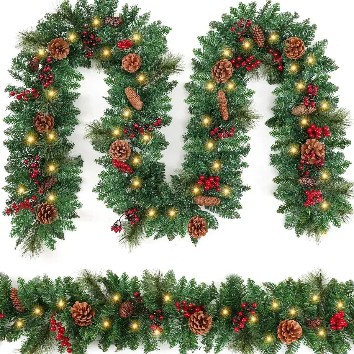 Guirlanda de Natal com luzes LED e frutas vermelhas e abacaxis, 2,7 m