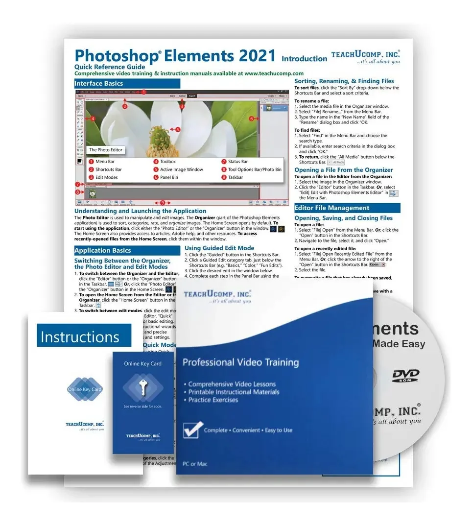 Aprenda o curso tutorial de treinamento Deluxe do Adobe Photoshop Elements 2021: DVD-Rom, acesso on-line, manual, exame, certificado de conclusão e guia de referência rápida