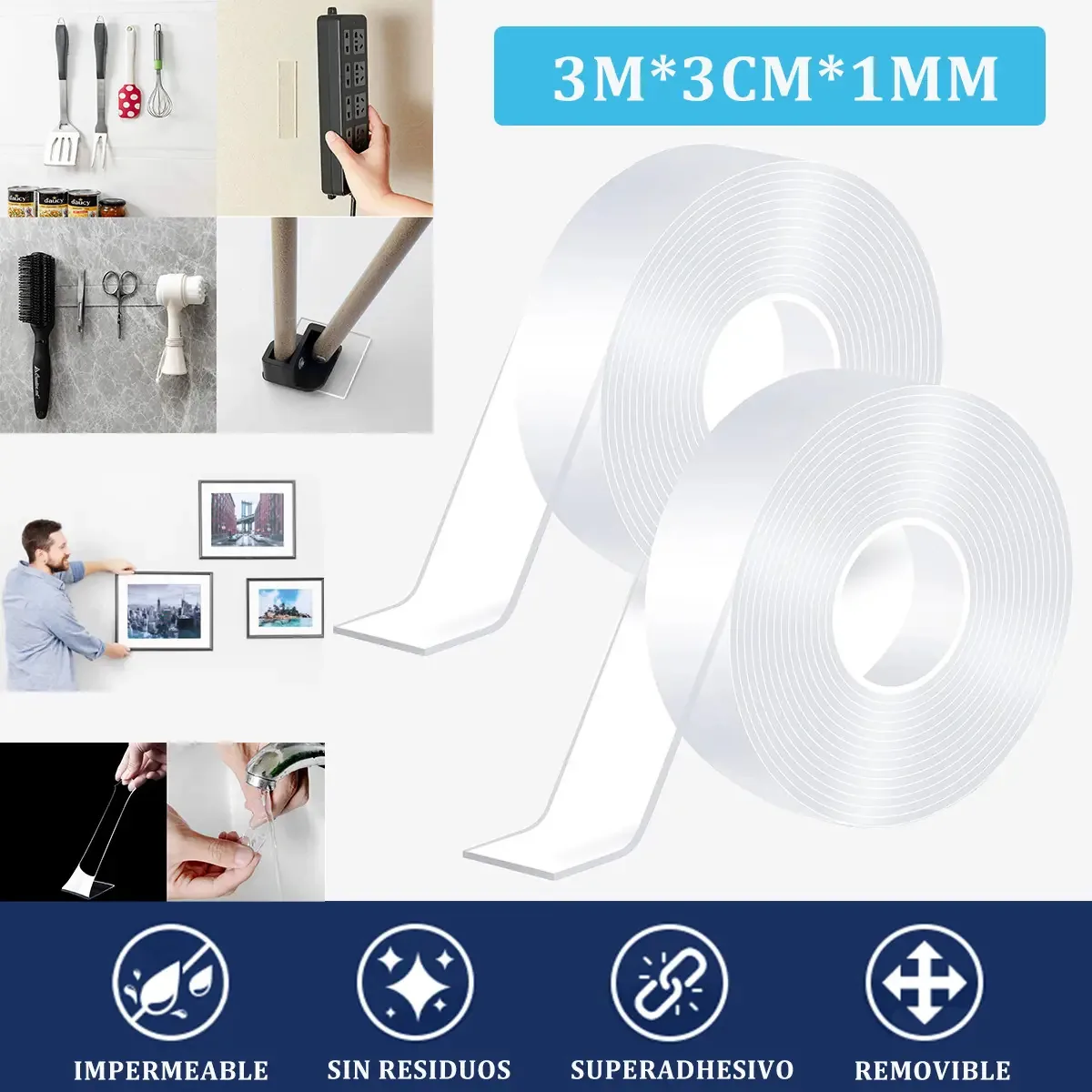 Fita nanoadesiva de dupla face lavável reutilizável de 3 m, 1 cm, 1 mm para pendurar fotos, pôsteres e decoração de fotos