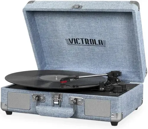 Estojo de alto-falantes Bluetooth Tournamesa, toca-discos vintage, cor de vinil, azul jeans