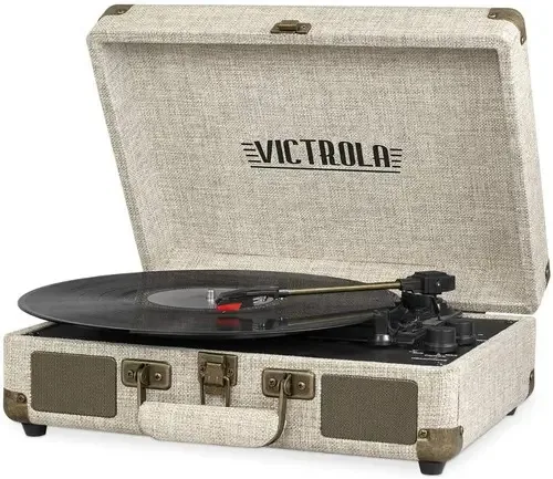 Estojo de alto-falantes Bluetooth Turnamesa, toca-discos vintage, cor de vinil, jeans, bege