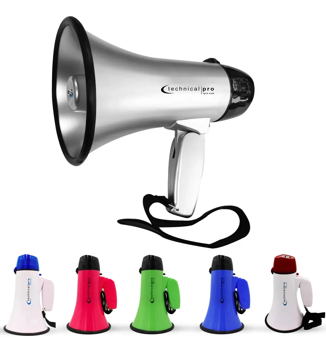 Technical Pro de 20 watts, leve, portátil, alcance de 300 m, megafone prateado e preto, com alça, sirene e controle de volume, bom para treinadores, futebol, beisebol e treinadores