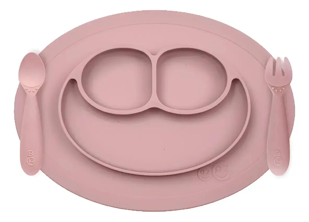 Mini conjunto de alimentação EZPZ Silicone Plate, Garfo e Colher Color Blush