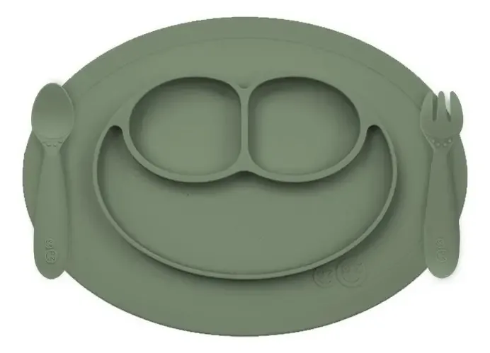 Mini conjunto de alimentação EZPZ Silicone Plate, Garfo e Colher, Cor: Olive
