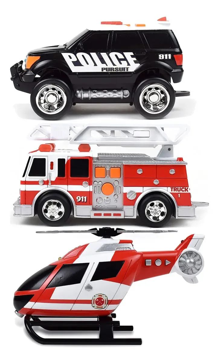 Mini veículos de resgate Maxx Action, pacote com 3 pneus de borracha, motores de fricção, luzes de botão, sons, 6 estilos variados de SUV, helicóptero, carro de bombeiros e ambulância. A cor