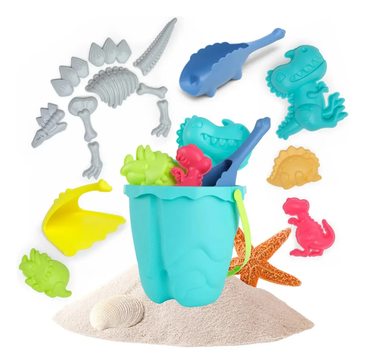 Conjunto de brinquedos e ferramentas de praia de dinossauros