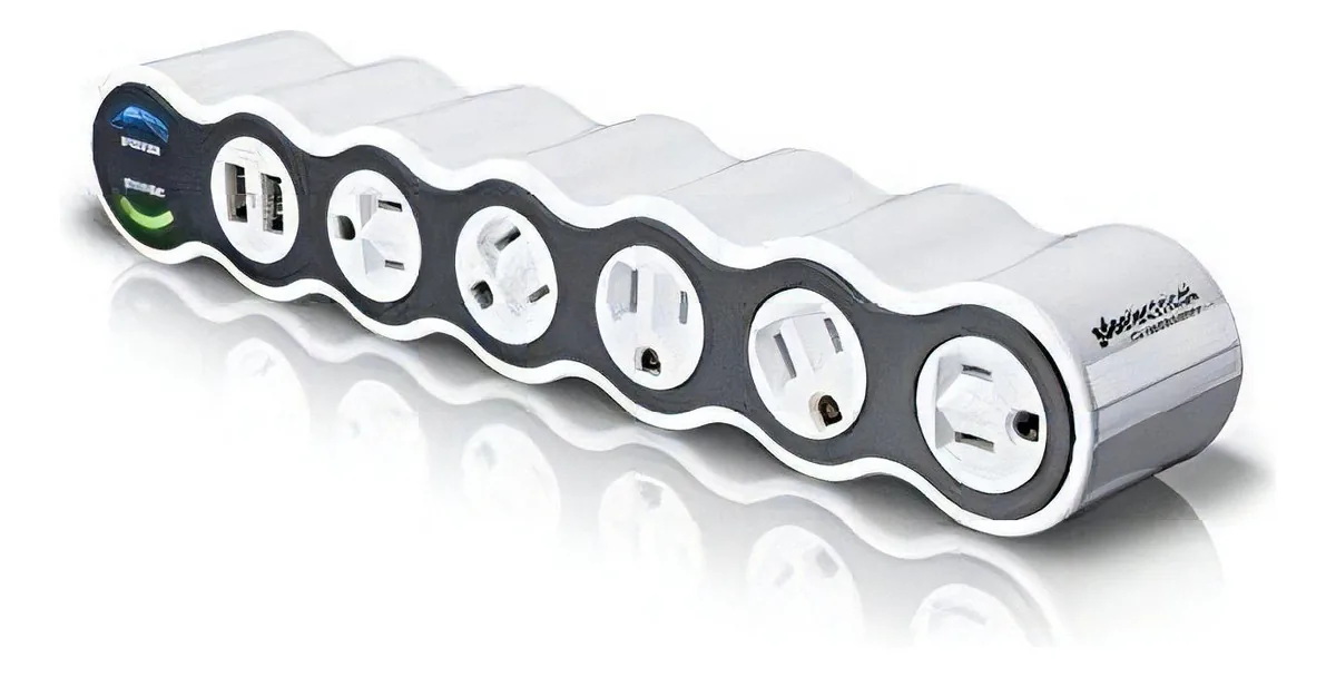 360 electrical 36053 curve Protetor Contra Sobretensão Móvel com Tomada Giratória e Portas USB, 7 tomadas, Branco e Cinza