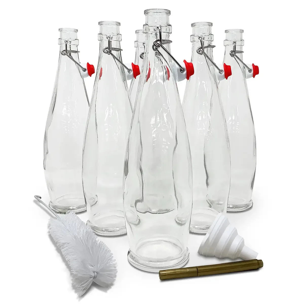 Conjunto Nevlers de 6 garrafas de vidro redondas de 935 ml com tampas herméticas, garrafas para cerveja caseira, kombuchá, limoncello e muito mais. Inclui pincel, funil e marcador dourado