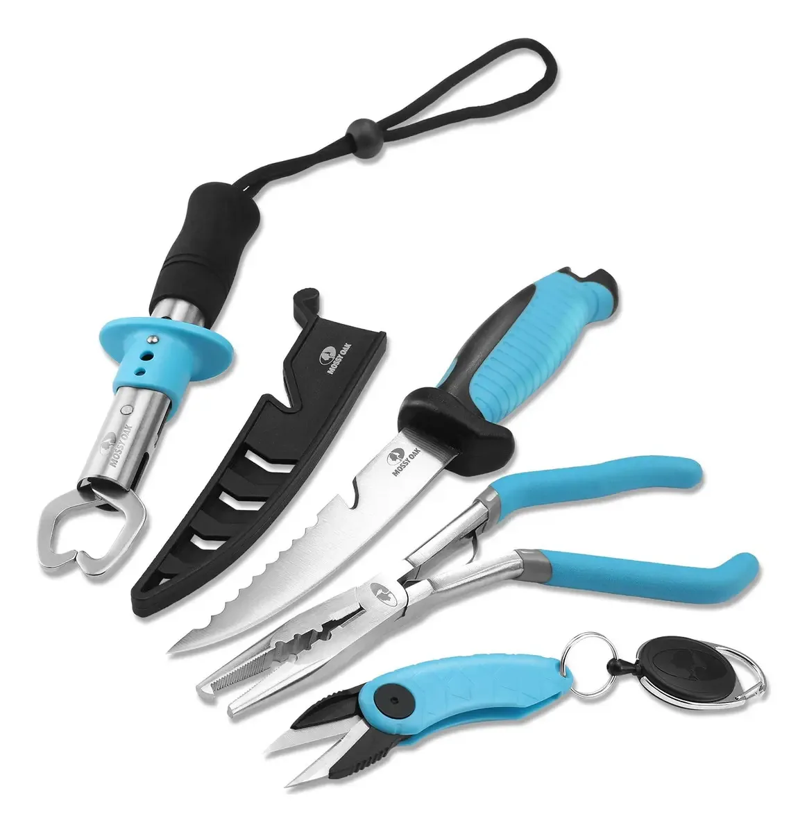 Kit de Ferramentas de Pesca Mossy Oak de 4 Peças, Alicates de Pesca com Pega de Pistola, Faca de Filetar Peixe, Pega de Pesca, Corte de Linha, Retrator de Pesca com Mosca com Cordão