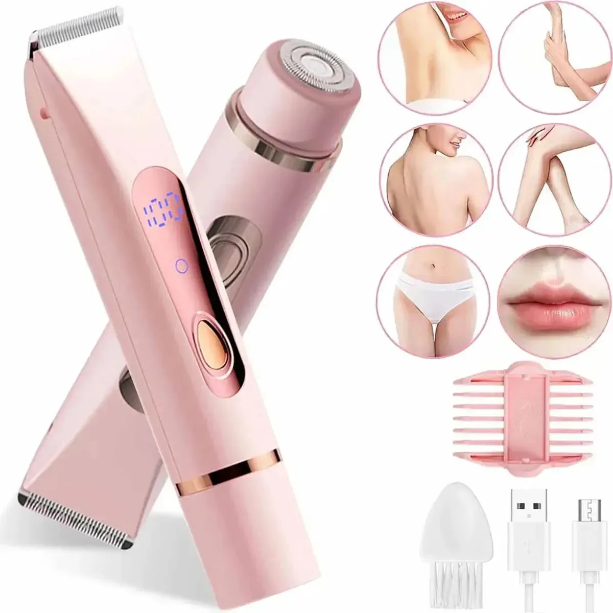 Barbeador corporal feminino recarregável USB 2 em 1, barbeador elétrico portátil para depilação facial e corporal, rosto, axilas, pernas e biquíni, lâminas de aço inoxidável, cor rosa