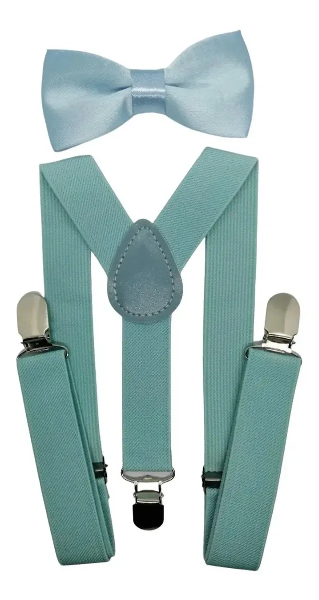 Conjunto de alças, suspensórios e laço para meninos em cores azuis claras