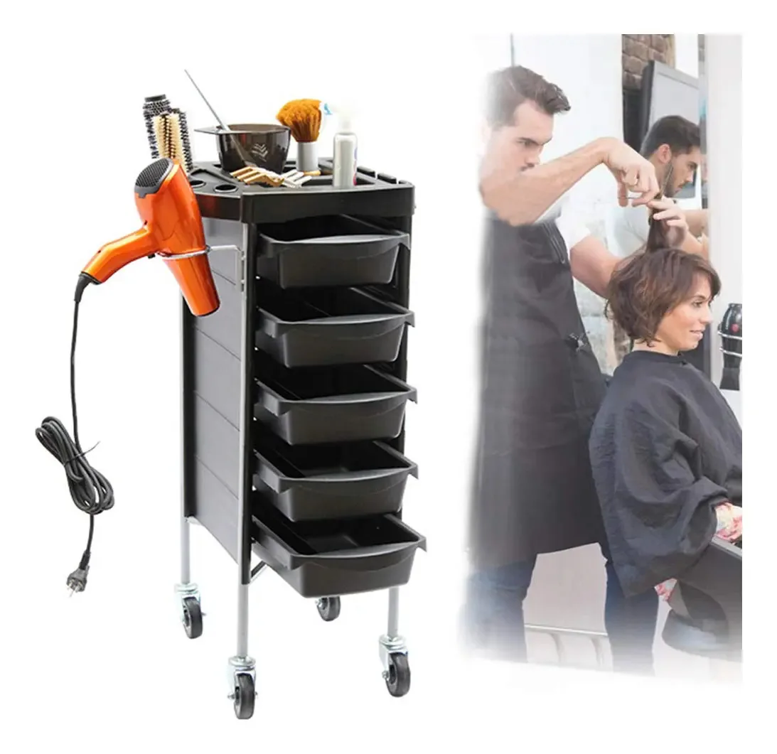 Carrinho de salão de beleza Fmopq de 5 camadas Carrinho de armazenamento de beleza para cabeleireiro de grande capacidade com suporte para secador de cabelo com rodas (preto)