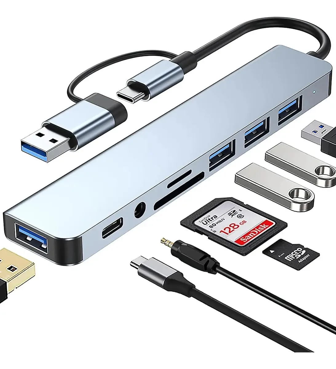 Hub USB C 3.0 8 em 1, adaptador USB para tipo C multiportas com conector 3,5, 4 portas USB, 1 porta USB C, portas TF e SD, adaptador para Macbook Air/Pro iPad e mais dispositivos PC/laptop/tablet