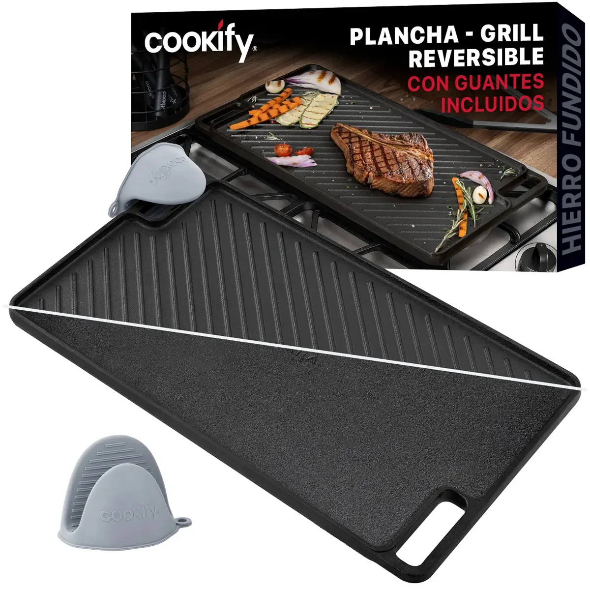 Chapa reversível de ferro fundido Cookify, churrasqueira Comal para todos os tipos de fogões, fornos e fogueiras. Inclui mini luvas de silicone