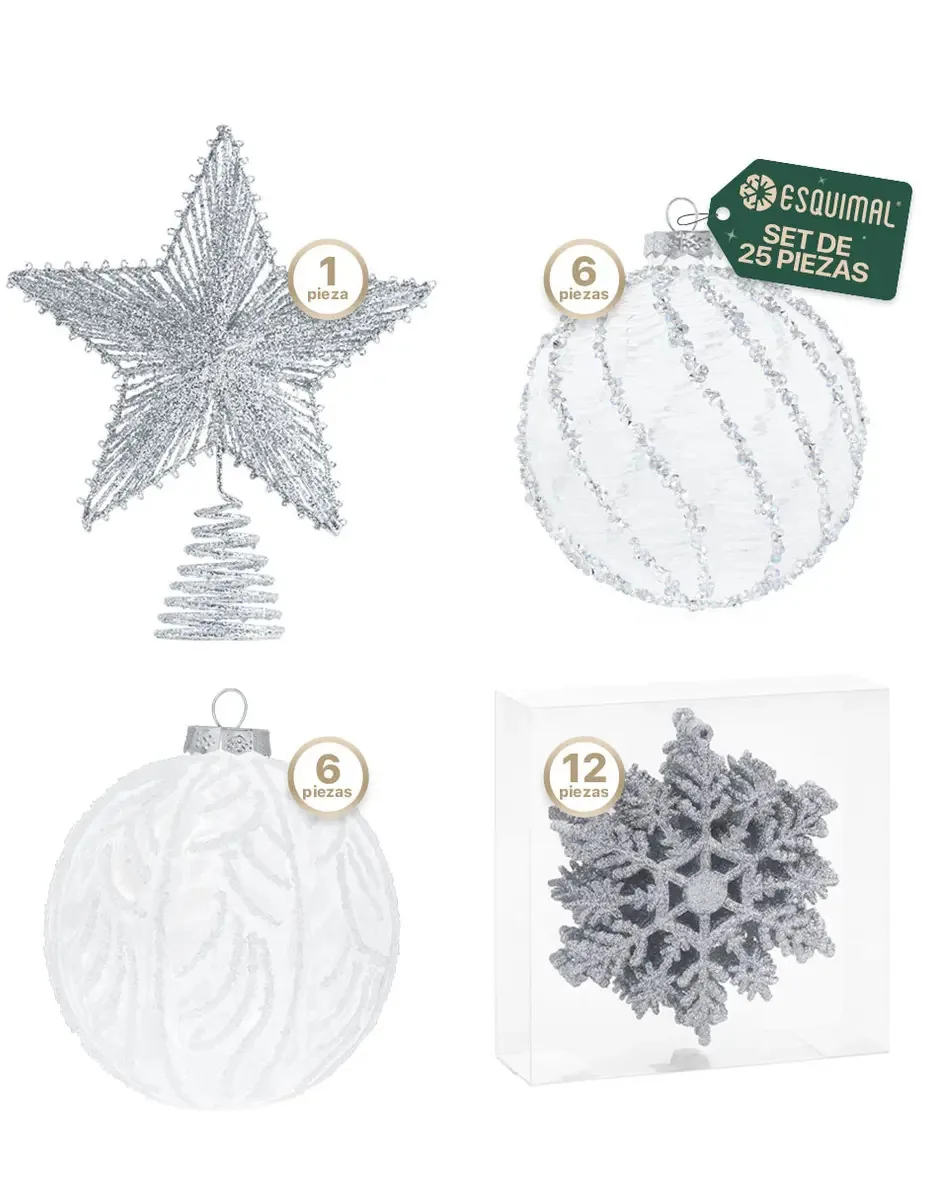 Conjunto de enfeites de Natal e enfeites para árvore de Natal esquimó, 25 peças de decoração de Natal (cristal prateado)