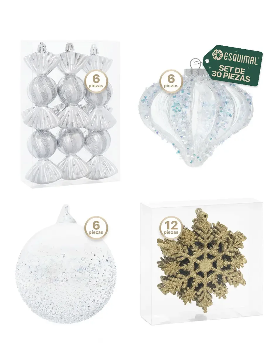 Conjunto de enfeites de Natal e enfeites para árvore de Natal esquimó, 30 peças de decoração de Natal (ouro branco)